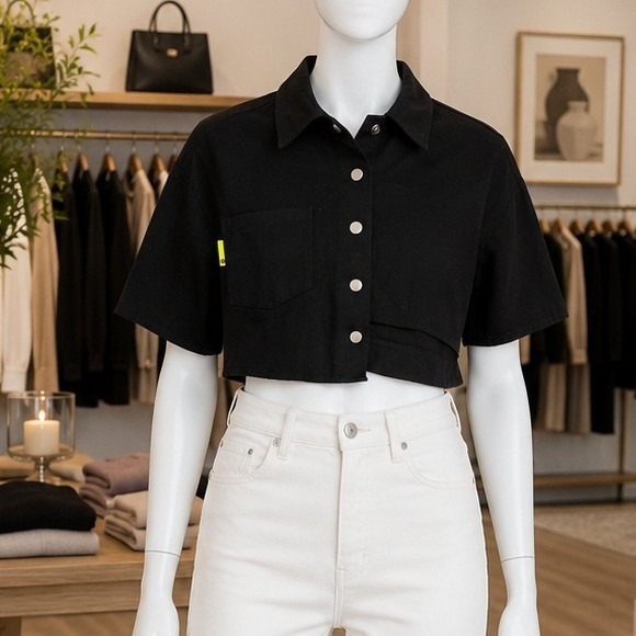 Cider Tops - Cider Womens Shirt Black Cropped Asymmetrical Button Front Short Sleeve M